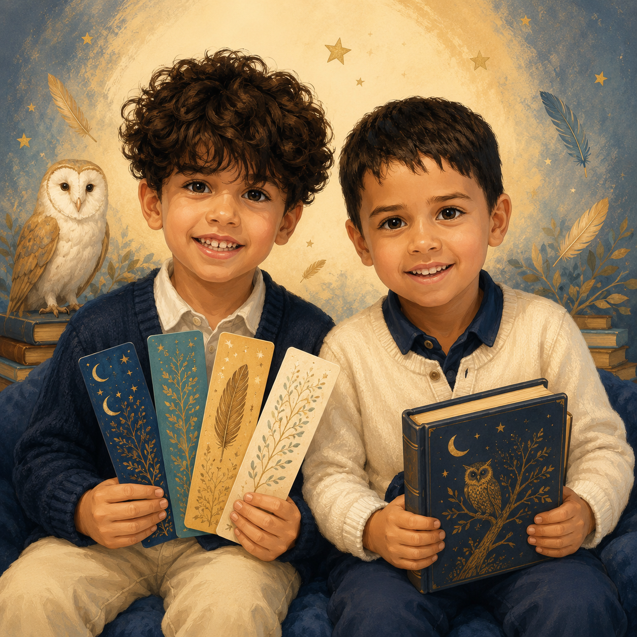 Illustrated portrait of Jerod II and Xander Williams, young founders of Wise Owl Bookmarks